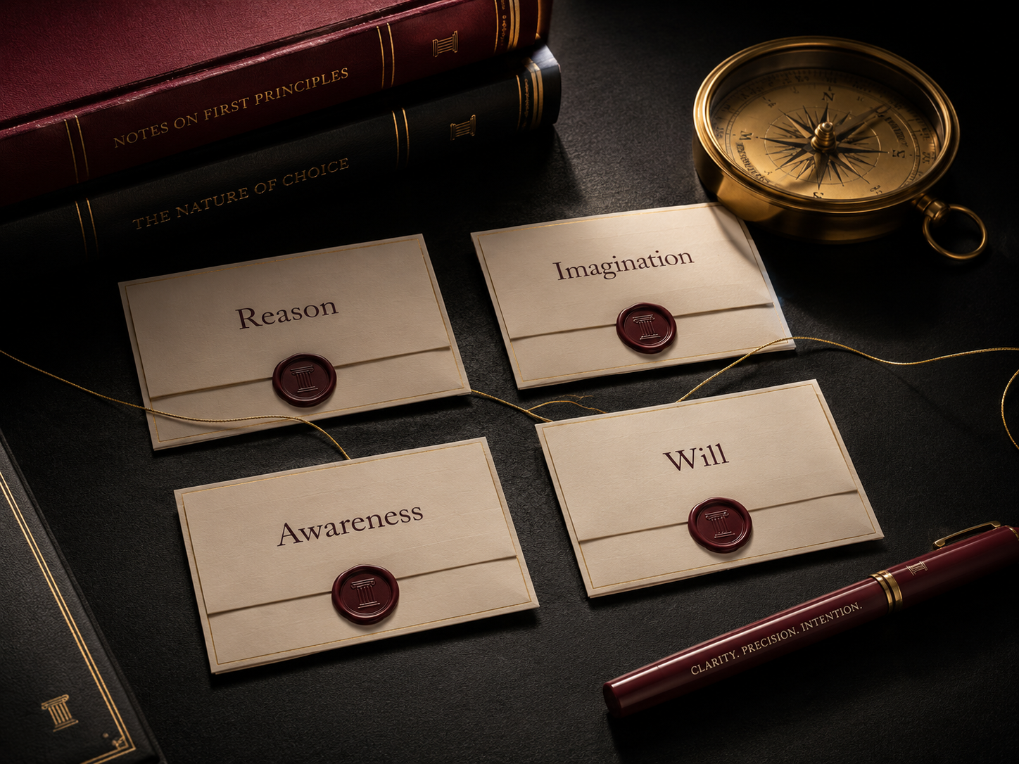Four sealed cards representing reason, imagination, awareness, and will